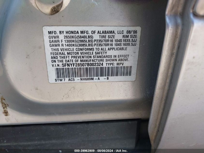 2007 Honda Pilot Ex-L VIN: 5FNYF28507B002324 Lot: 39963909