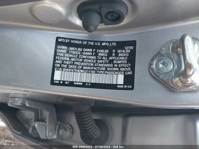 2021 HONDA CIVIC 1.5L I-4 DI, DOHC, V(VIN: SHHFK7H42MU211193