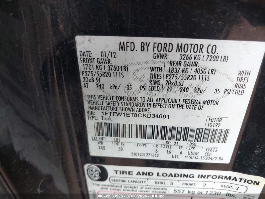 2012 Ford F-150 Fx4 VIN: 1FTFW1ET8CKD34691 Lot: 39963928