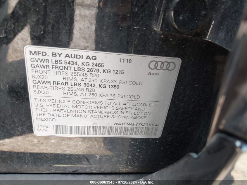 2019 Audi Q5 45 Premium VIN: WA1BNAFY7K2019241 Lot: 39963943