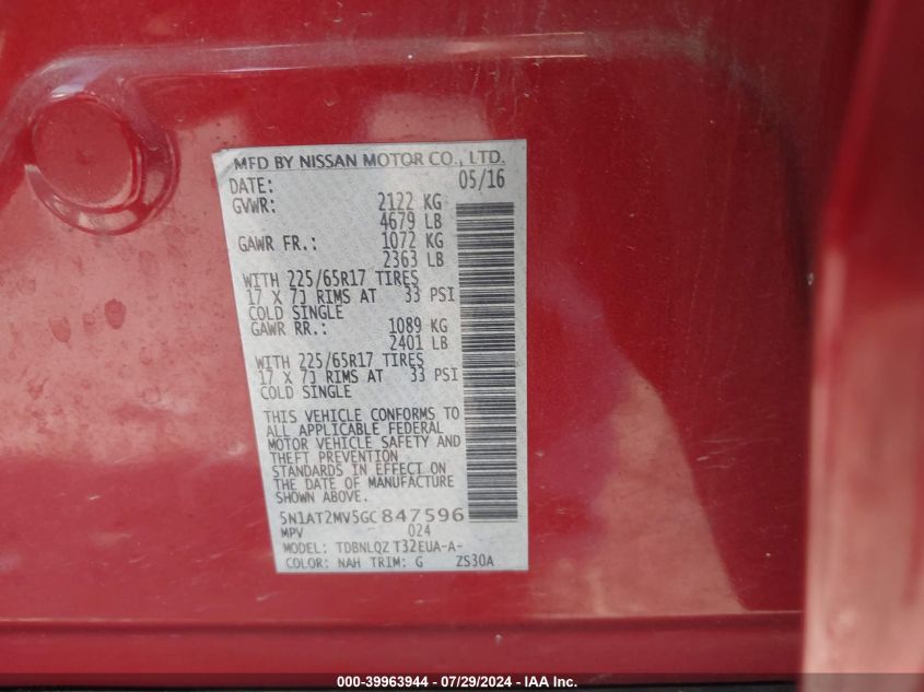 2016 Nissan Rogue Sv VIN: 5N1AT2MV5GC847596 Lot: 39963944