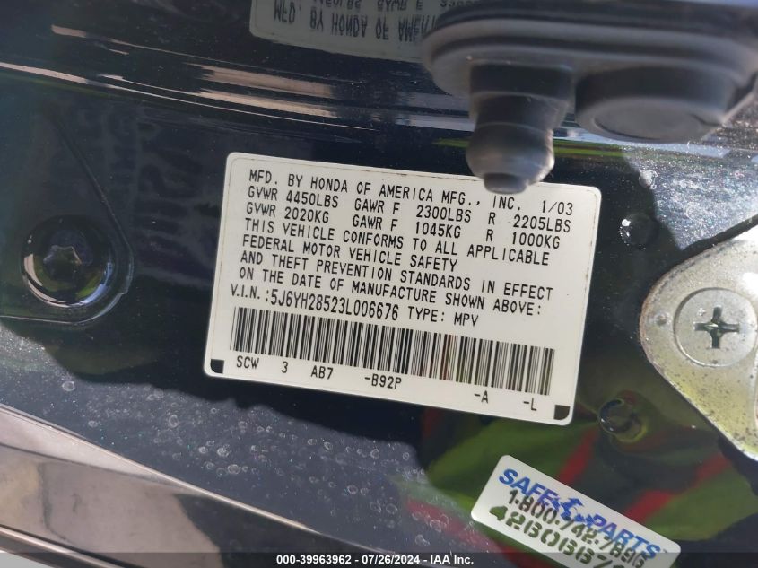 2003 Honda Element Ex VIN: 5J6YH28523L006676 Lot: 39963962