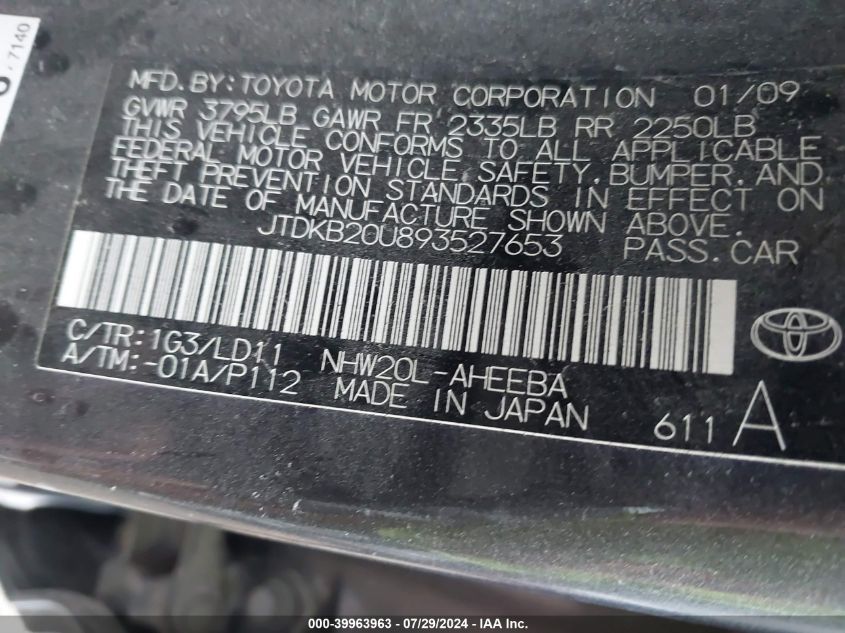 2009 Toyota Prius VIN: JTDKB20U893527653 Lot: 39963963