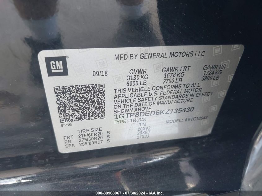 1GTP8DED6KZ135430 2019 GMC Sierra 1500 Slt