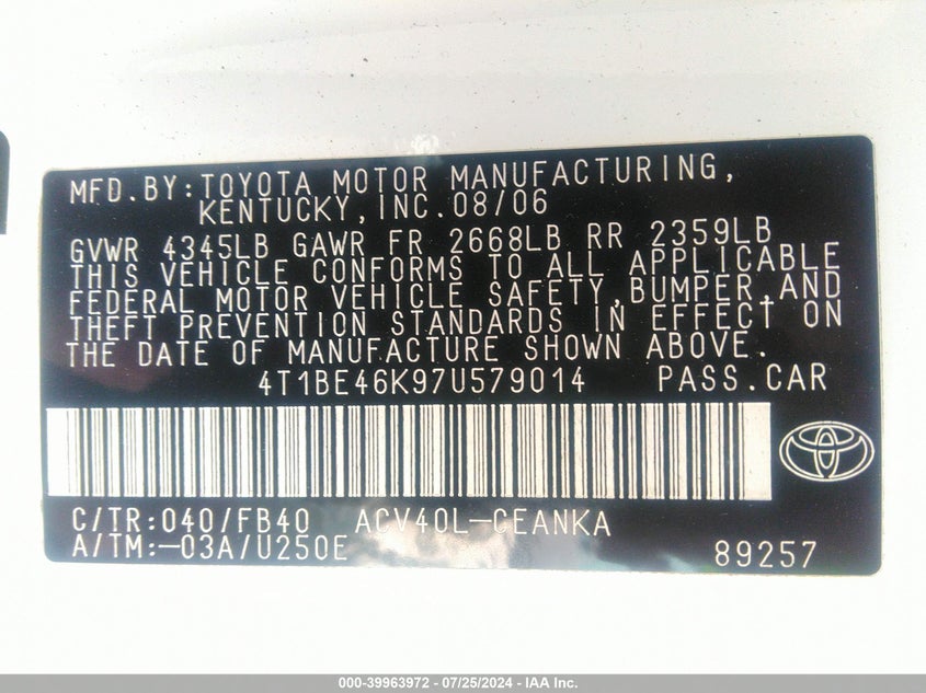 2007 Toyota Camry Le VIN: 4T1BE46K97U579014 Lot: 39963972