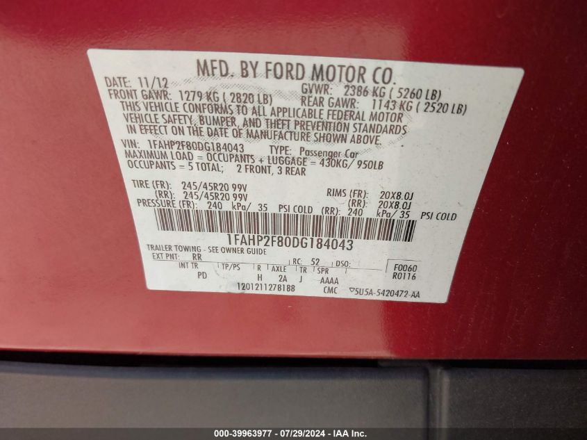 2013 Ford Taurus Limited VIN: 1FAHP2F80DG184043 Lot: 39963977