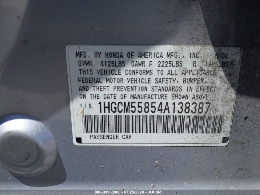 2004 Honda Accord 2.4 Ex VIN: 1HGCM55854A138387 Lot: 39963980