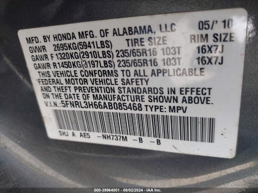 2010 Honda Odyssey Ex-L VIN: 5FNRL3H66AB085468 Lot: 39964001