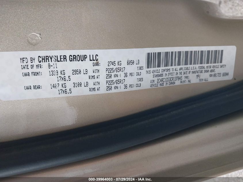 2012 Chrysler Town & Country Touring-L VIN: 2C4RC1CG3CR137845 Lot: 39964003