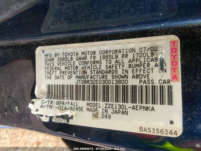 2003 Toyota Corolla Le VIN: JTDBR32E030013800 Lot: 39964012