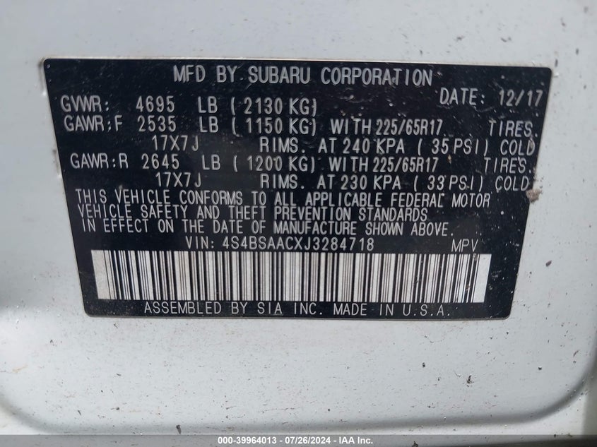 VIN 4S4BSAACXJ3284718 2018 SUBARU OUTBACK 2.5I