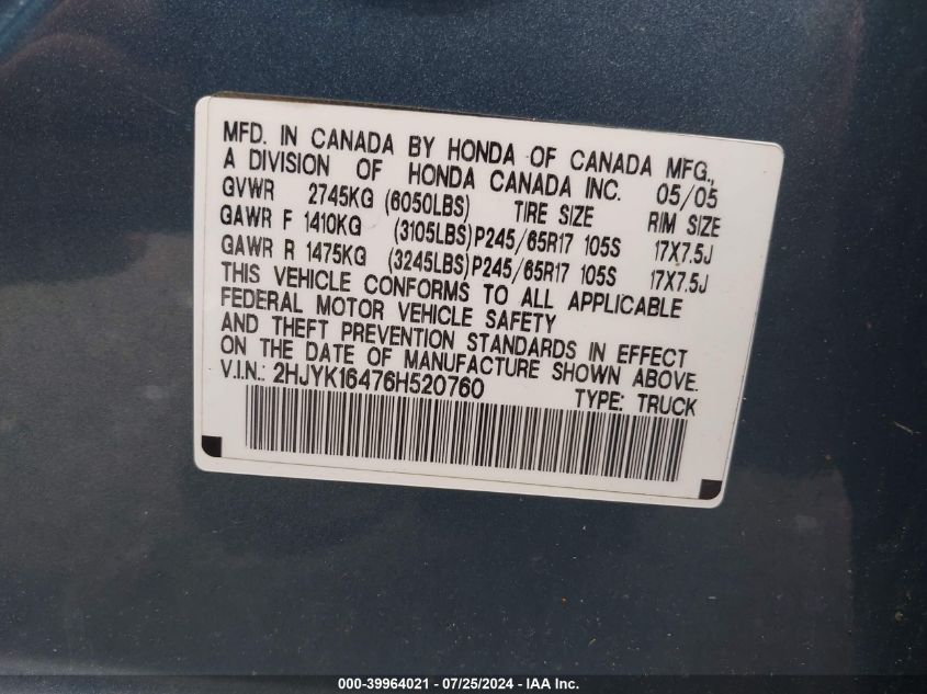 2006 Honda Ridgeline Rts VIN: 2HJYK16476H520760 Lot: 39964021