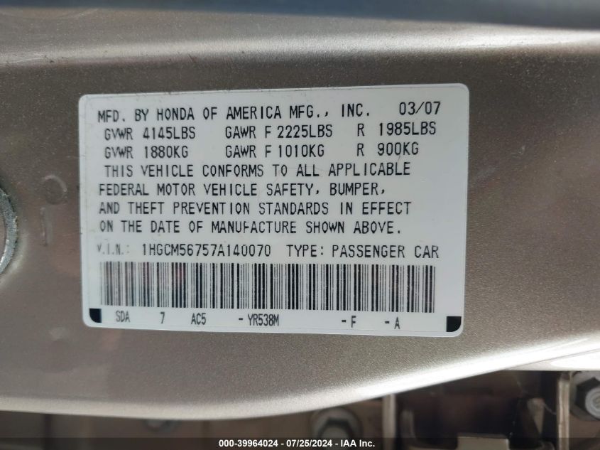 1HGCM56757A140070 | 2007 HONDA ACCORD