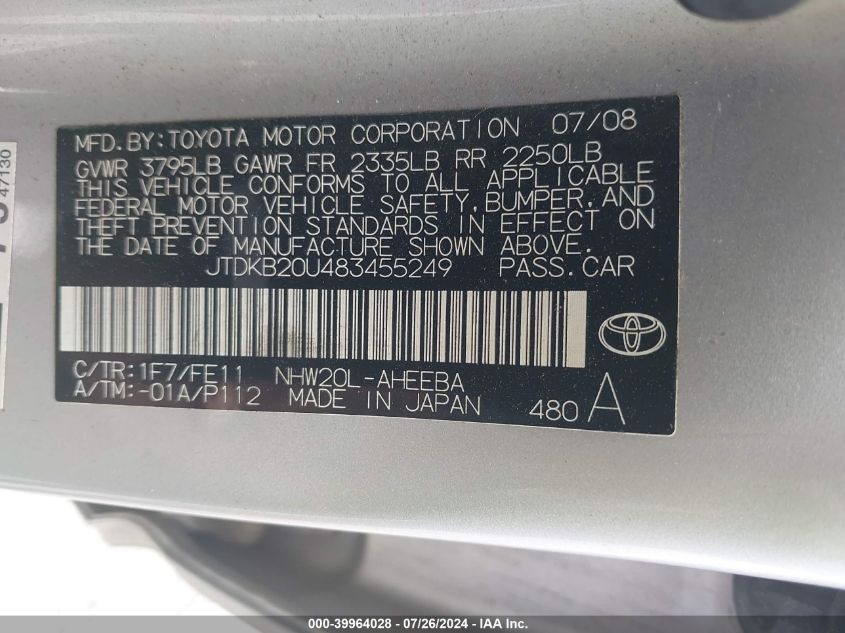 2008 Toyota Prius VIN: JTDKB20U483455249 Lot: 39964028