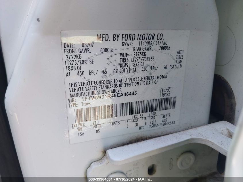 2008 Ford F-350 Fx4/Harley-Davidson/King Ranch/Lariat/Xl/Xlt VIN: 1FTWW31R48EA48445 Lot: 39964031