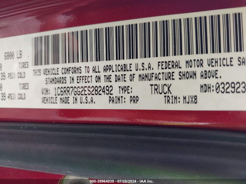 2014 Ram 1500 Big Horn VIN: 1C6RR7GG2ES282492 Lot: 39964035