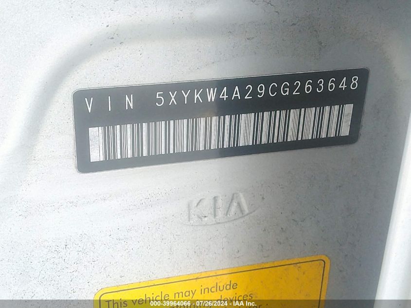 2012 Kia Sorento Sx V6 VIN: 5XYKW4A29CG263648 Lot: 39964066