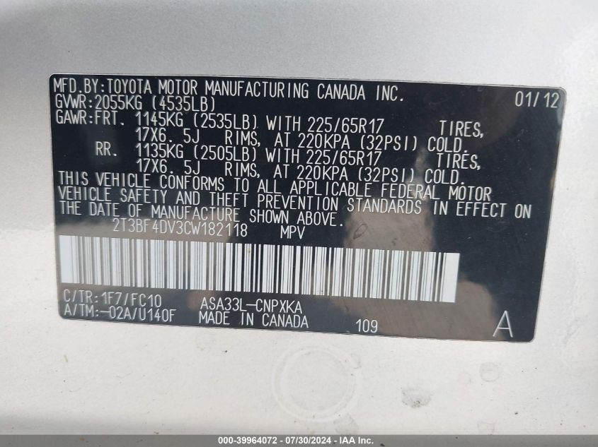 2012 Toyota Rav4 VIN: 2T3BF4DV3CW182118 Lot: 39964072