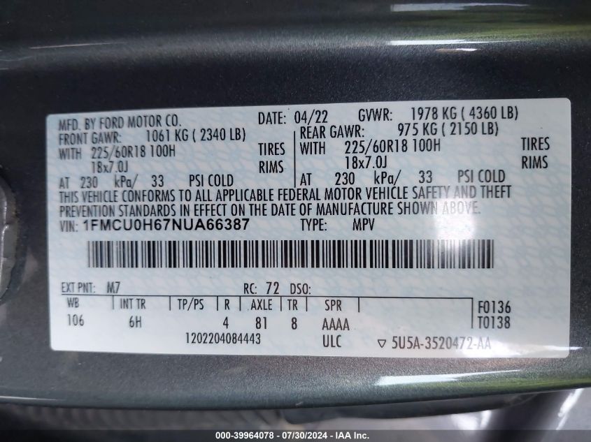 2022 Ford Escape Sel VIN: 1FMCU0H67NUA66387 Lot: 39964078