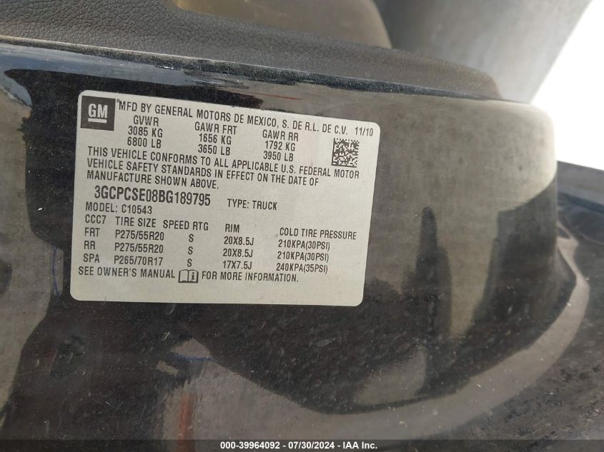 2011 Chevrolet Silverado 1500 Lt VIN: 3GCPCSE08BG189795 Lot: 39964092