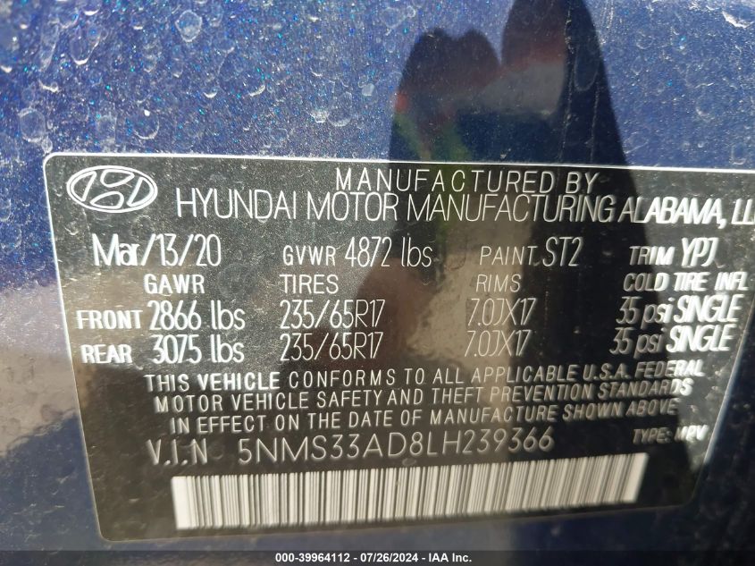 2020 Hyundai Santa Fe Sel VIN: 5NMS33AD8LH239366 Lot: 39964112