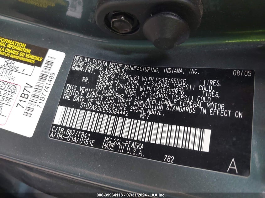 2005 Toyota Sienna Le VIN: 5TDZA23C65S384442 Lot: 39964118