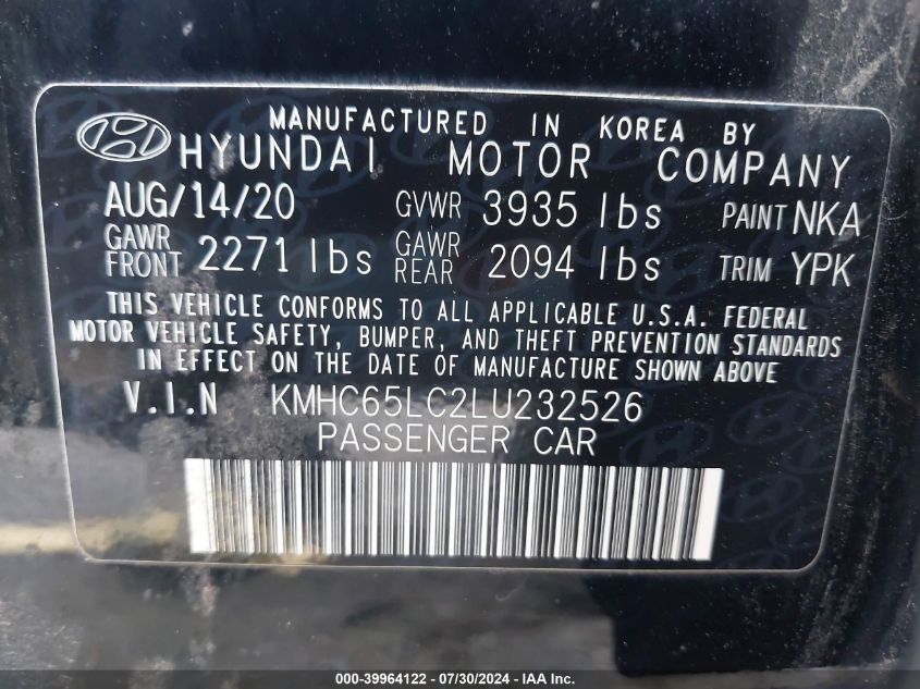 KMHC65LC2LU232526 Hyundai Ioniq Hybrid BLUE 9