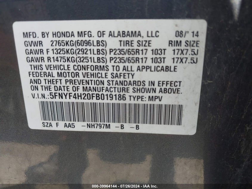 2015 Honda Pilot Lx VIN: 5FNYF4H20FB019186 Lot: 39964144