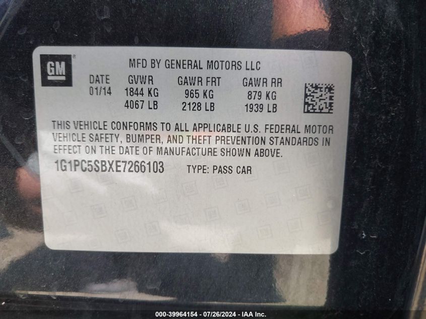 2014 Chevrolet Cruze 1Lt Auto VIN: 1G1PC5SBXE7266103 Lot: 39964154