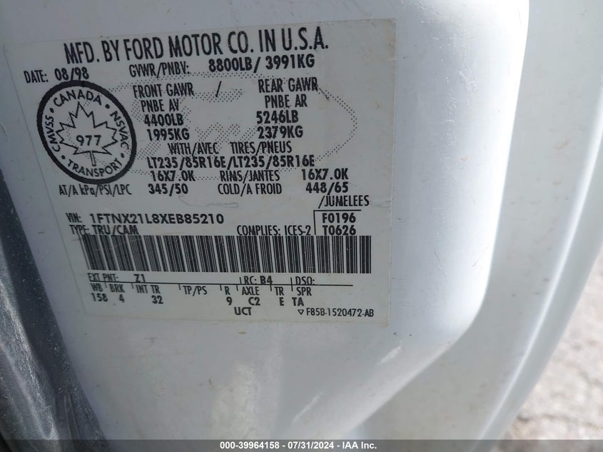 1999 Ford F-250 Lariat/Xl/Xlt VIN: 1FTNX21L8XEB85210 Lot: 39964158