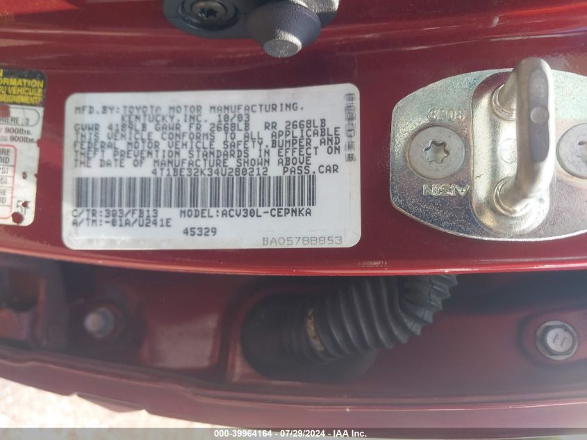 2004 Toyota Camry Le VIN: 4T1BE32K34U280212 Lot: 39964164