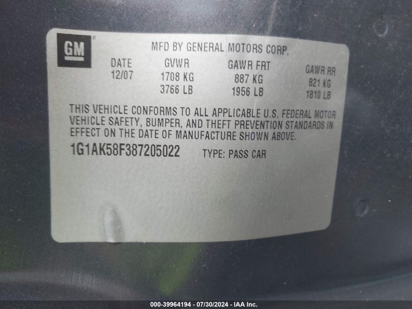 2008 Chevrolet Cobalt Ls VIN: 1G1AK58F387205022 Lot: 39964194