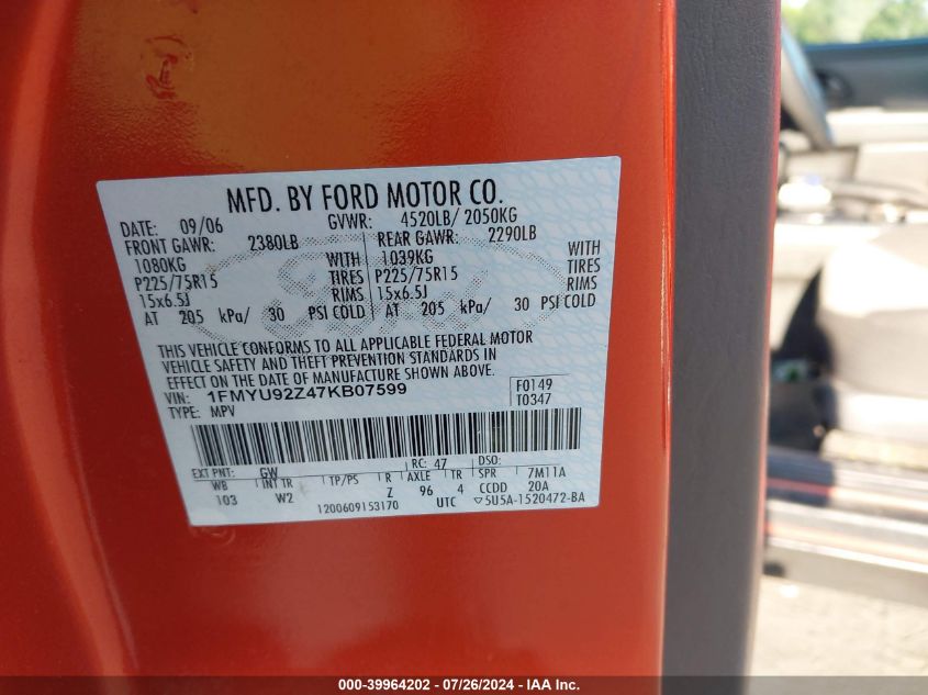 2007 Ford Escape Xls/Xls Manual VIN: 1FMYU92Z47KB07599 Lot: 39964202