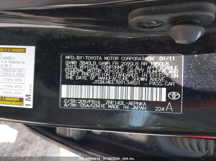 2011 Toyota Corolla Le VIN: JTDBU4EE7B9134821 Lot: 39964218