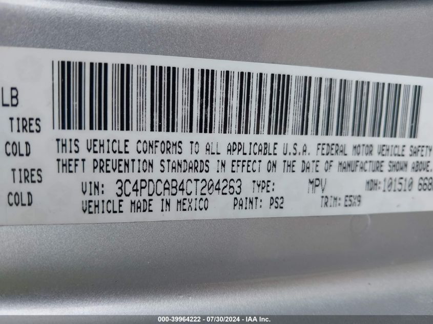 2012 Dodge Journey Se/Avp VIN: 3C4PDCAB4CT204263 Lot: 39964222