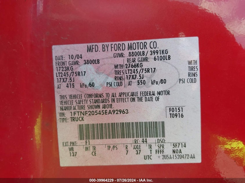 2005 Ford F-250 Xl/Xlt VIN: 1FTNF20545EA92963 Lot: 39964229