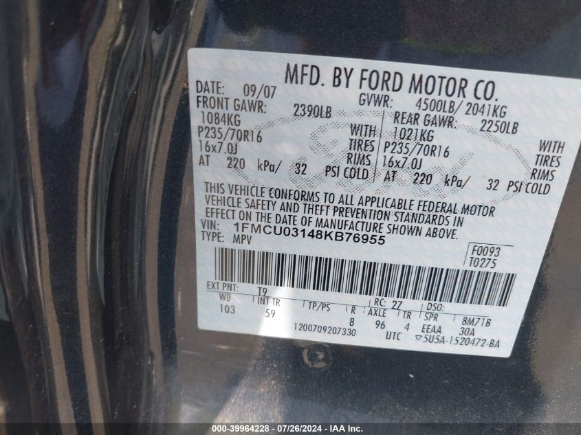 2008 Ford Escape Xlt VIN: 1FMCU03148KB76955 Lot: 39964228