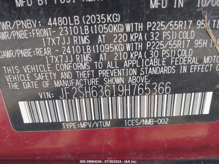2009 Subaru Forester 2.5X VIN: JF2SH63619H765366 Lot: 39964248