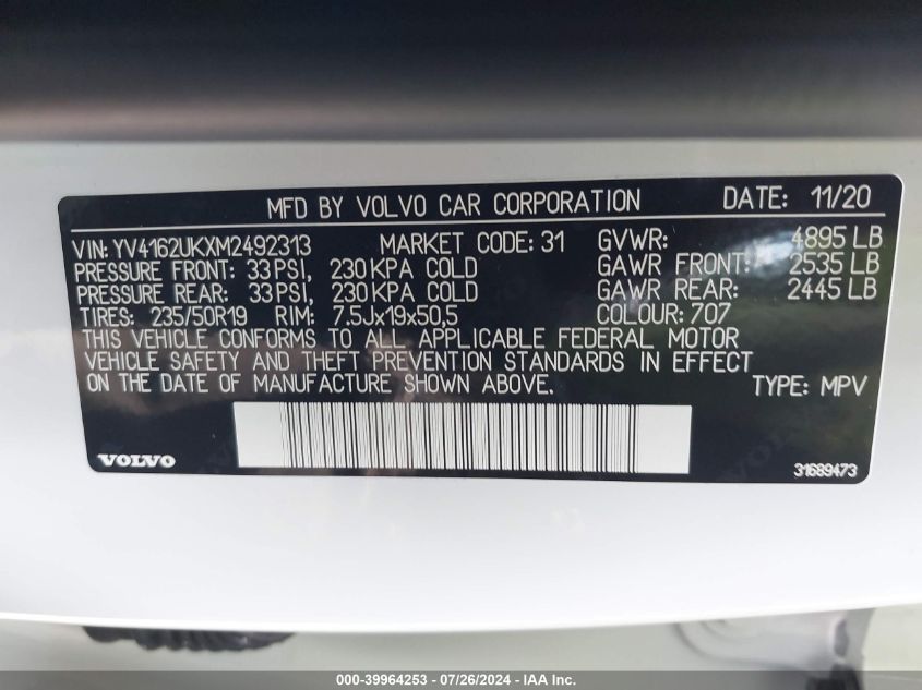 2021 Volvo Xc40 T5 Momentum VIN: YV4162UKXM2492313 Lot: 39964253