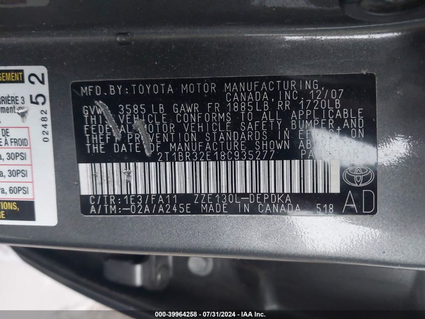 2008 Toyota Corolla Ce VIN: 2T1BR32E18C935277 Lot: 39964258