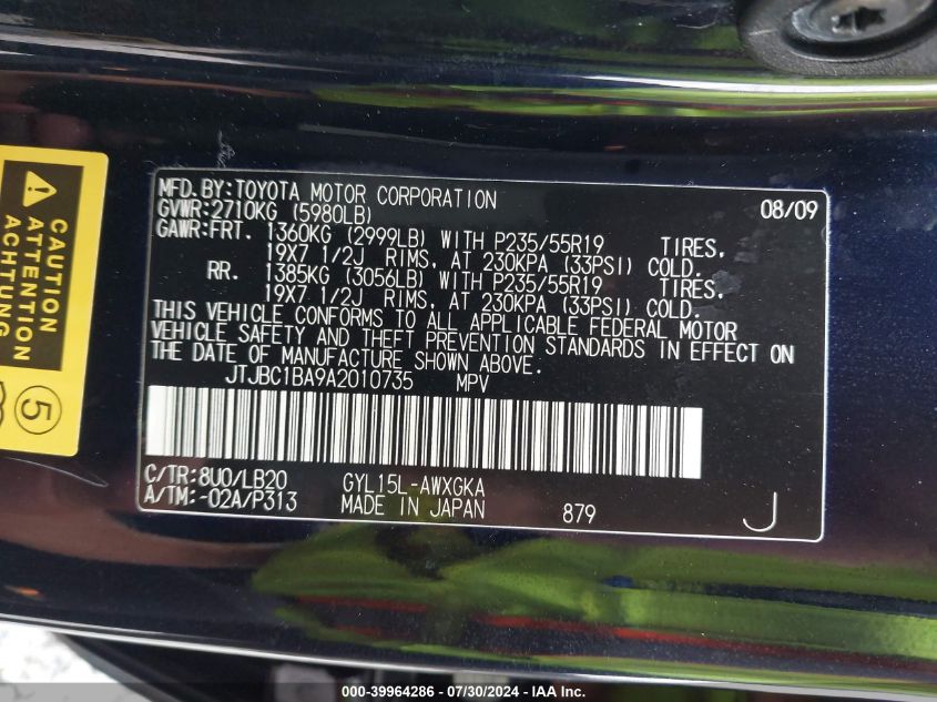 2010 Lexus Rx 450H VIN: JTJBC1BA9A2010735 Lot: 39964286