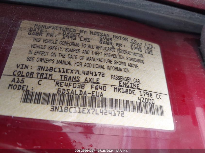 2007 Nissan Versa 1.8S VIN: 3N1BC11EX7L424172 Lot: 39964297