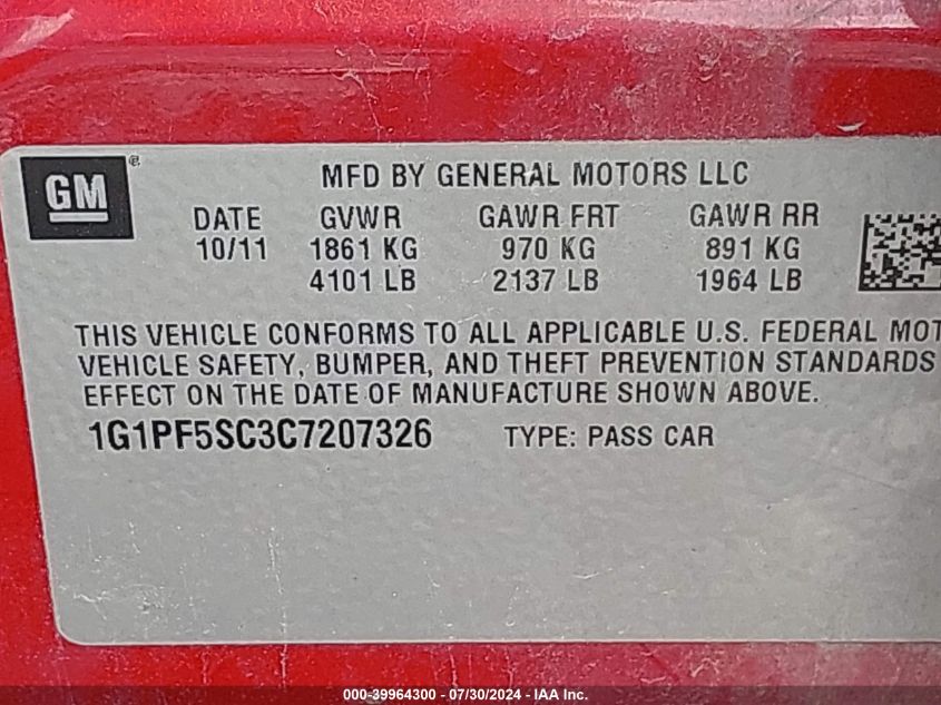 2012 Chevrolet Cruze 1Lt VIN: 1G1PF5SC3C7207326 Lot: 39964300