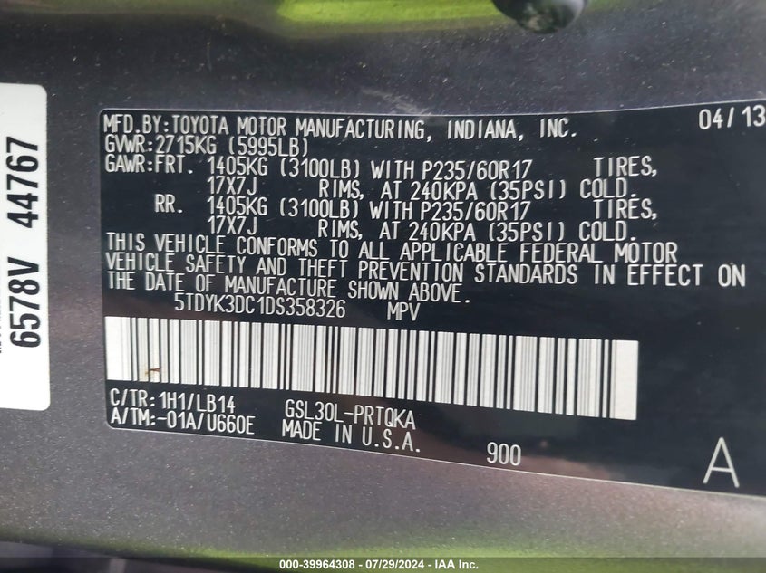 2013 Toyota Sienna Limited V6 7 Passenger/Xle V6 7 Passenger Auto Access Seat/Xle V6 8 Passenger VIN: 5TDYK3DC1DS358326 Lot: 39964308