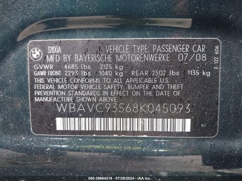 2008 BMW 328Xi VIN: WBAVC93568K045093 Lot: 39964319