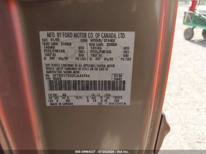 2002 Ford F-150 Xl/Xlt VIN: 2FTRX17232CA44764 Lot: 39964337