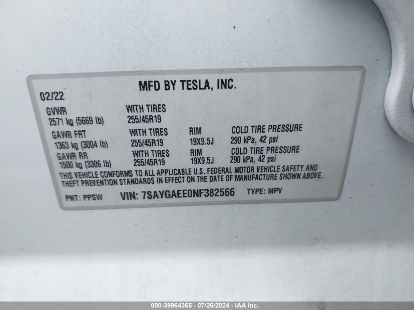 2022 Tesla Model Y Long Range Dual Motor All-Wheel Drive VIN: 7SAYGAEE0NF382566 Lot: 39964365