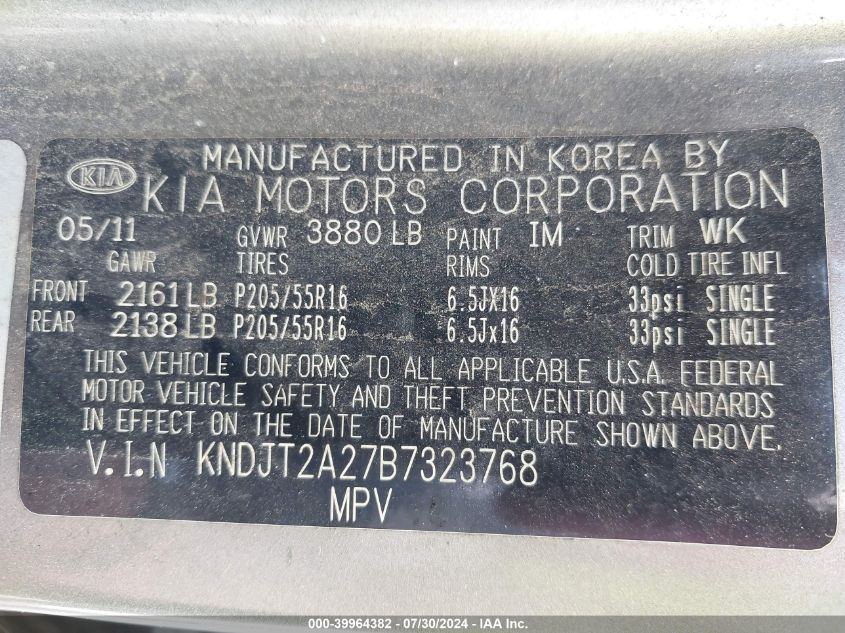 2011 Kia Soul + VIN: KNDJT2A27B7323768 Lot: 39964382