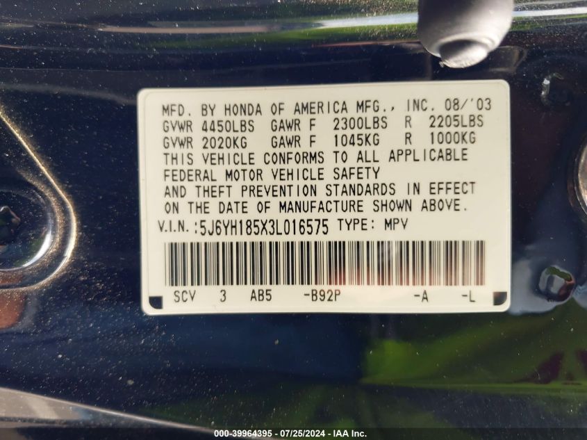 2003 Honda Element Ex VIN: 5J6YH185X3L016575 Lot: 39964395