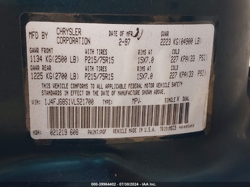 1997 Jeep Cherokee Sport VIN: 1J4FJ68S1VL521700 Lot: 39964402